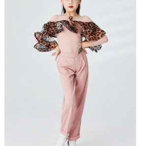 Girls kids pink leopard printed latin ballroom dance ruffles tops and pants modern ballroom latin dance costumes for children